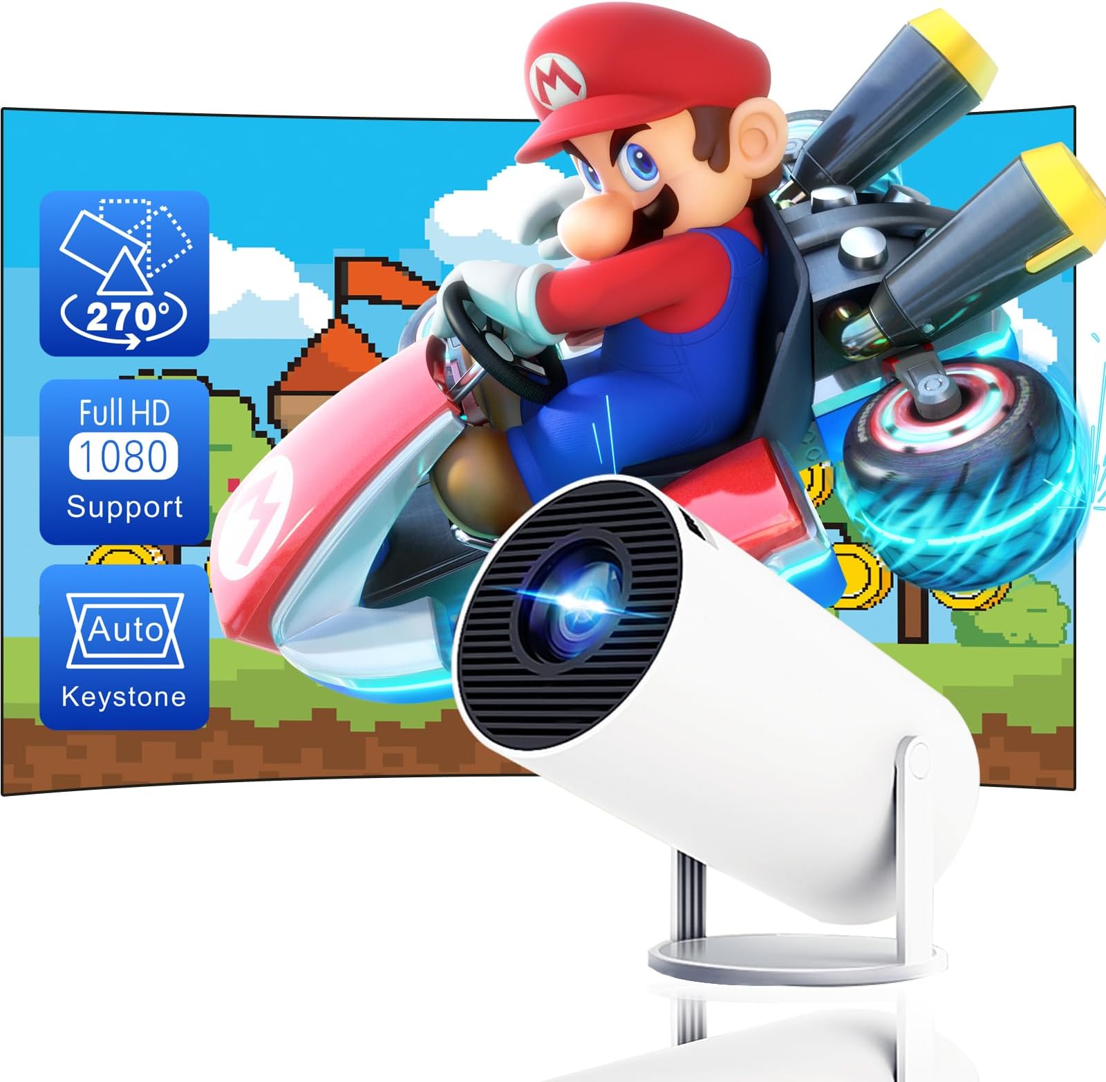Mini Projector 4K 1080P Support, Portable Projector WiFi6 BT 5.0 Android 11, Smart Projector Auto Horizontal Correction,180°Rotatable Outdoor Movie Projector Compatible with Phone - EverythingWhatYouWant