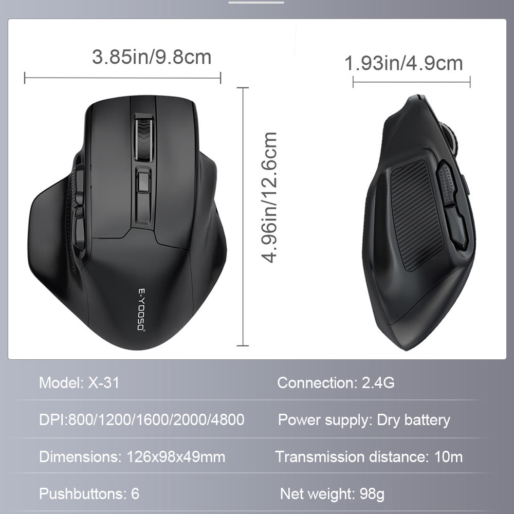 E-element X-31 black wireless mouse for office and gaming with ergonomic design and 2.4G wireless connectivity