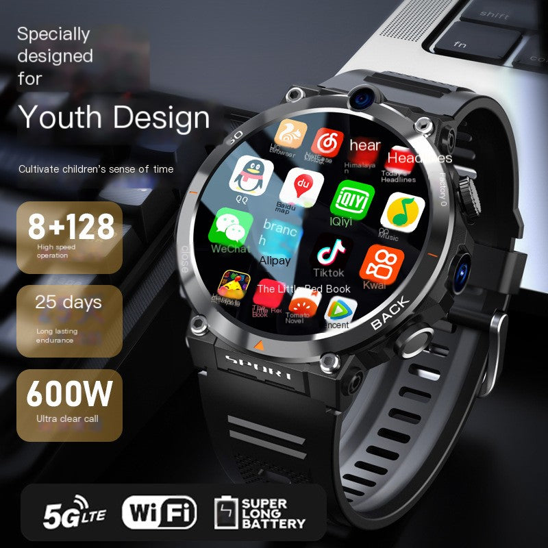 H10 Smart Watch with dual camera, gaming features, and health monitoring on a black silicone wristband