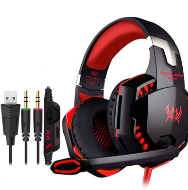 Gaming headset in black and blue, black and red, and dark orange colors with over-ear design and USB connectivity