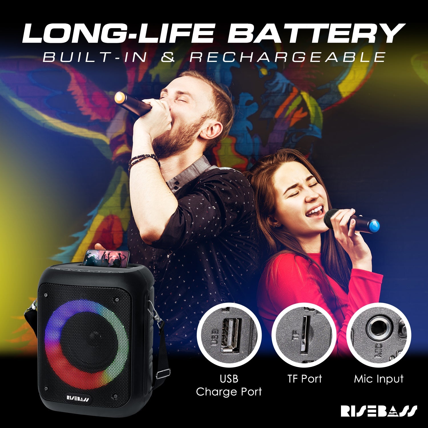 Risebass Portable Karaoke Machine with 2 Wireless Microphones - Bluetooth Rechargeable Speaker with USB/SD/TF Card Support, AUX-in, Tripod Screw Mount and Phone Slot. - EverythingWhatYouWant