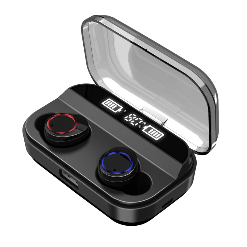 Wireless Bluetooth earbuds with deep bass and dual display for gaming in black, ruby red, and ice rose powder colors