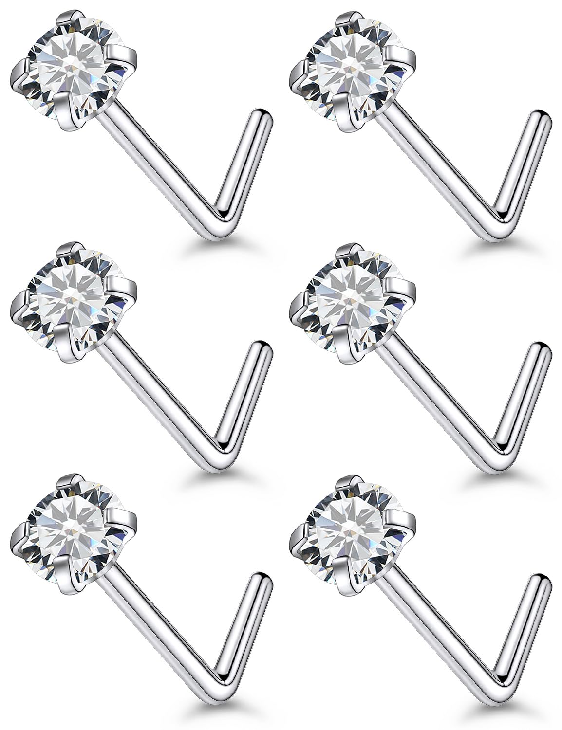 Qiwnswoy 22G L-Shaped Stainless Steel Nose Studs with 3mm Diamond CZ