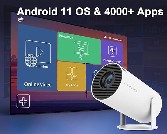 Mini Projector 4K 1080P Support, Portable Projector WiFi6 BT 5.0 Android 11, Smart Projector Auto Horizontal Correction,180°Rotatable Outdoor Movie Projector Compatible with Phone - EverythingWhatYouWant