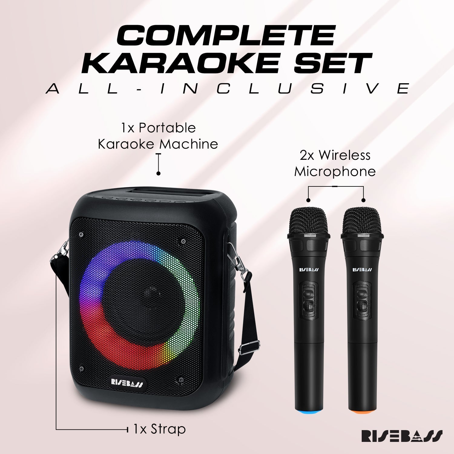 Risebass Portable Karaoke Machine with 2 Wireless Microphones - Bluetooth Rechargeable Speaker with USB/SD/TF Card Support, AUX-in, Tripod Screw Mount and Phone Slot. - EverythingWhatYouWant