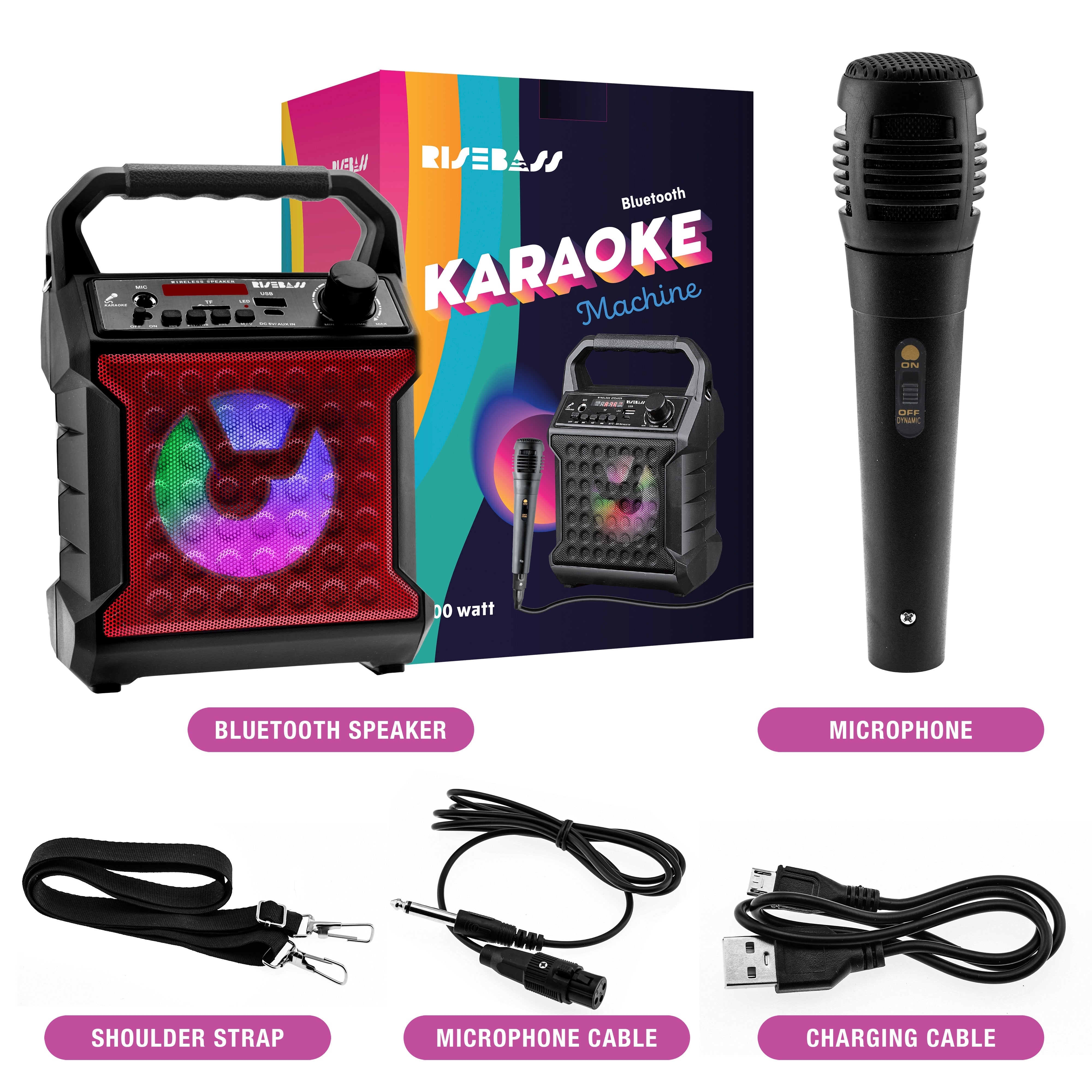 Risebass Portable Karaoke Machine with Microphone - Home Karaoke System with Party Lights for Kids and Adults - Rechargeable USB Speaker Set with FM Radio, SD/TF Card Support, and AUX-in - EverythingWhatYouWant