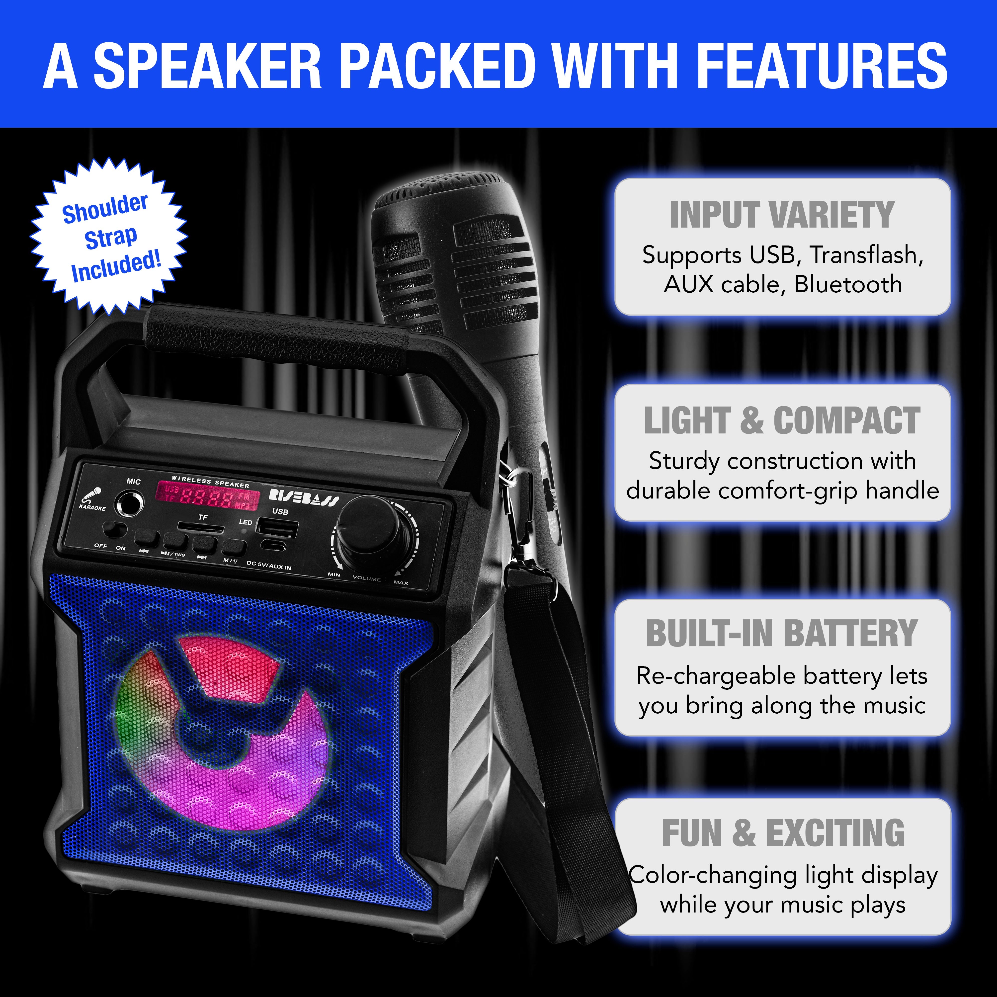 Risebass Portable Karaoke Machine with Microphone - Home Karaoke System with Party Lights for Kids and Adults - Rechargeable USB Speaker Set with FM Radio, SD/TF Card Support, and AUX-in - EverythingWhatYouWant