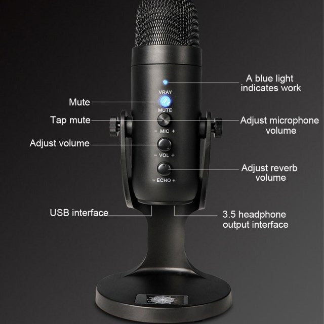 USB microphone for mobile gaming and live recording with cardioid pattern and black grille design