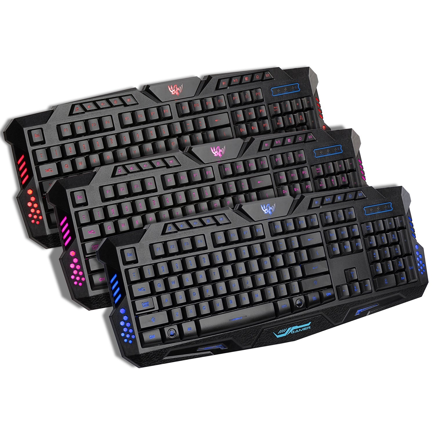 Backlit gaming keyboard with crack design and adjustable red, purple, and blue lighting