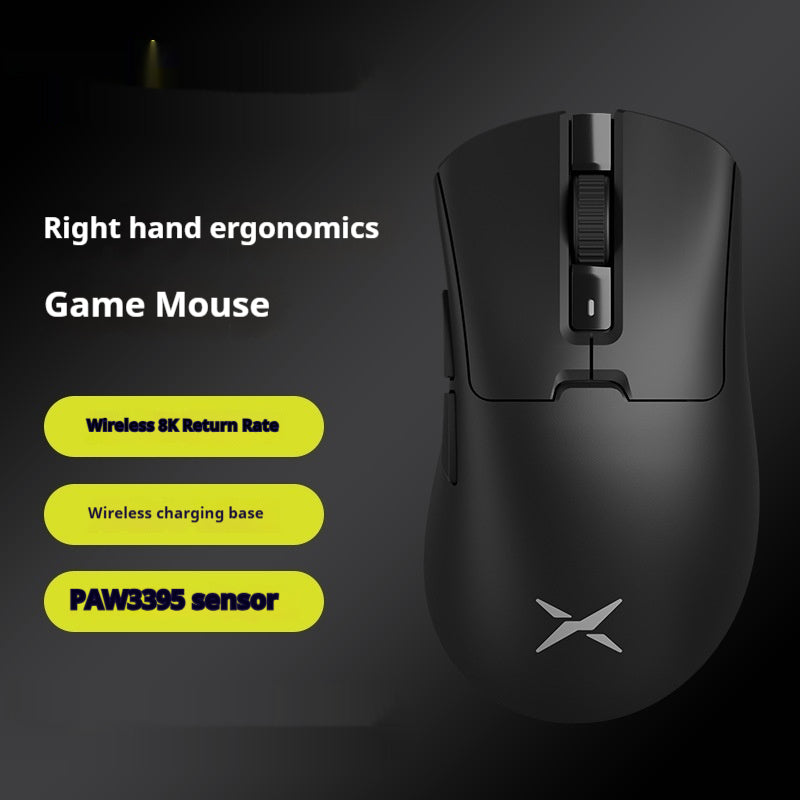 M900 Pro Wireless Gaming Mouse with 8K polling rate and ergonomic design on charging base