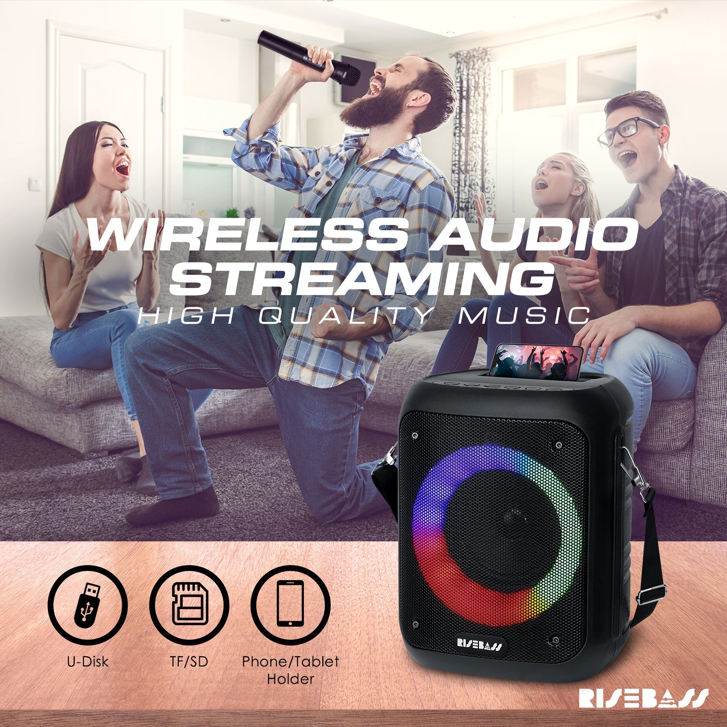 Risebass Portable Karaoke Machine with 2 Wireless Microphones - Bluetooth Rechargeable Speaker with USB/SD/TF Card Support, AUX-in, Tripod Screw Mount and Phone Slot. - EverythingWhatYouWant