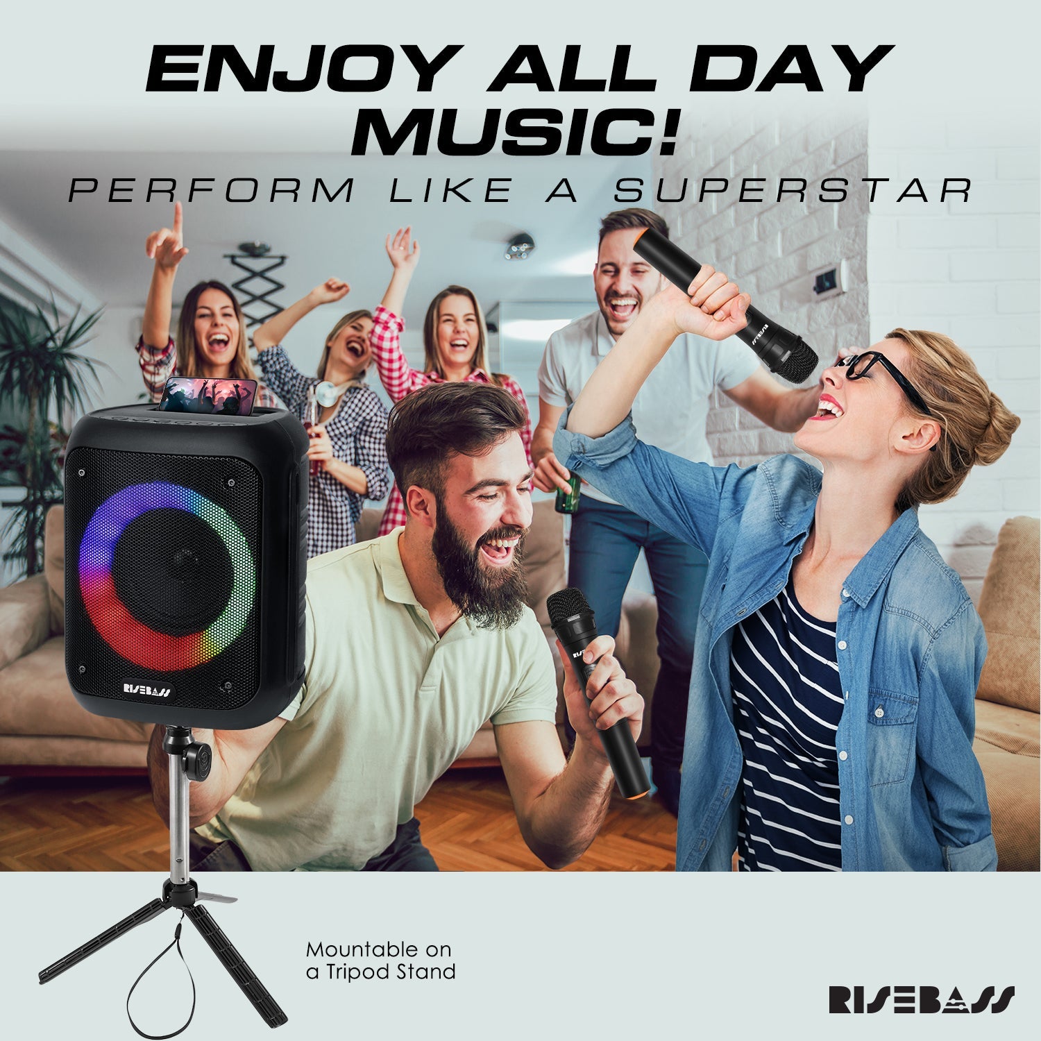 Risebass Portable Karaoke Machine with 2 Wireless Microphones - Bluetooth Rechargeable Speaker with USB/SD/TF Card Support, AUX-in, Tripod Screw Mount and Phone Slot. - EverythingWhatYouWant