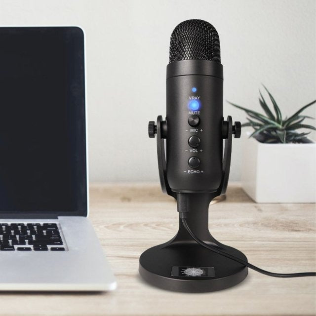 Black and silver USB microphone for mobile gaming and live recording with cardioid pickup pattern