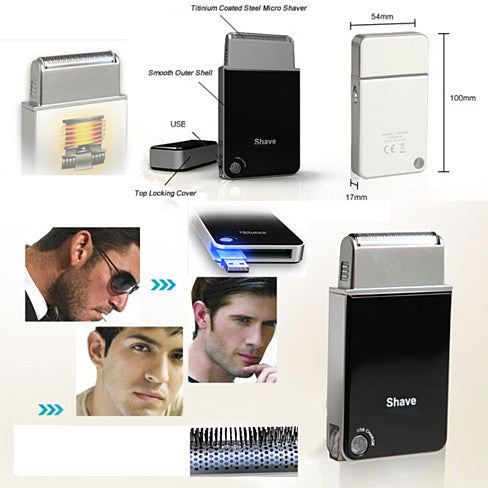 Chic Shaver portable USB rechargeable travel shaver with titanium coated foil in black and white