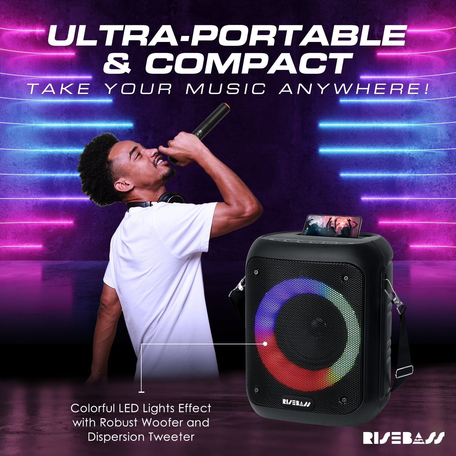 Risebass Portable Karaoke Machine with 2 Wireless Microphones - Bluetooth Rechargeable Speaker with USB/SD/TF Card Support, AUX-in, Tripod Screw Mount and Phone Slot. - EverythingWhatYouWant