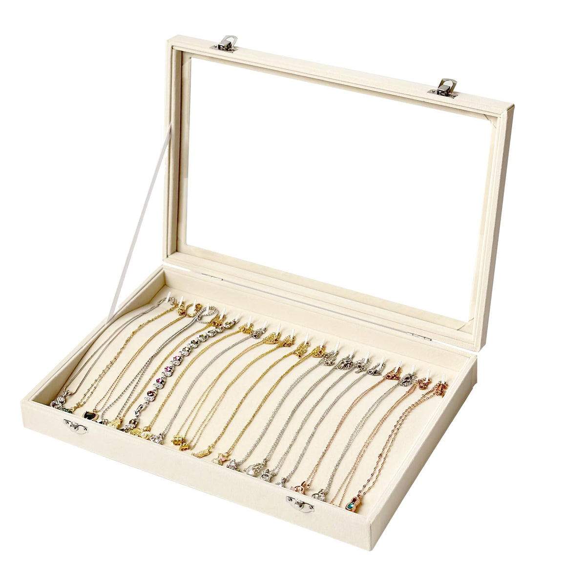 GISK White 20 Hooks Necklace Organizer Box Necklace Tray Velvet with Clear Lid Necklace Storage Box Necklace Display Box Necklace Tray for Drawer Necklace Organization for Women Girls(White-Necklace)
