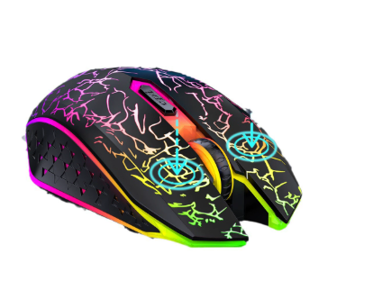 Black wireless gaming mouse with RGB lights and ergonomic design